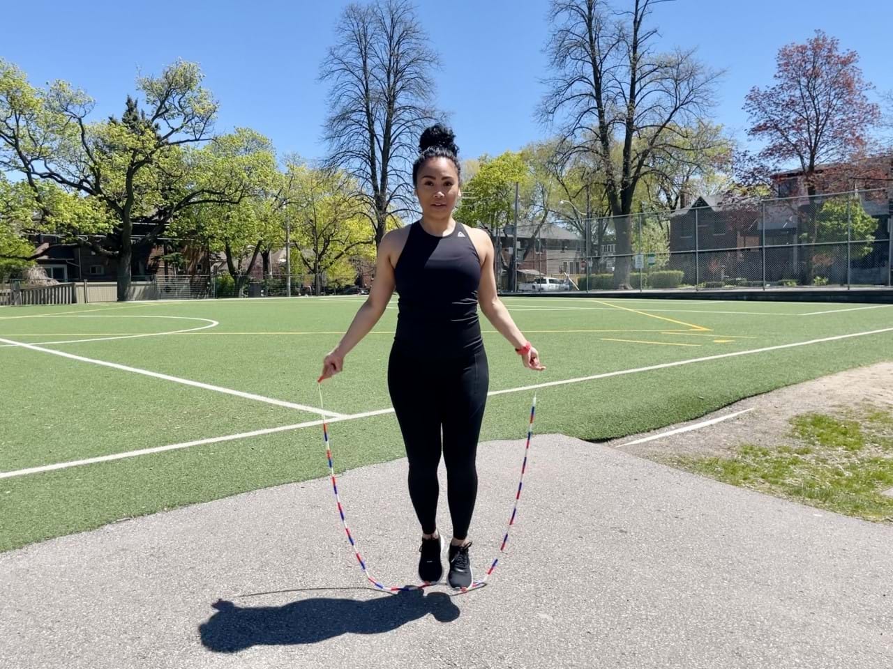 Kathleen Fursey jumps rope in a neighbourhood park in Toronto
